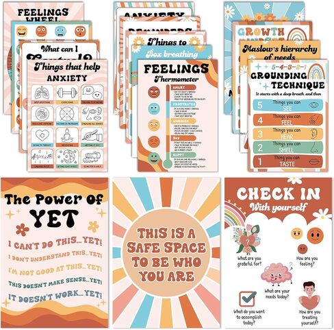 16PCS Groovy Mental Health Posters for Classroom Hippie Anxiety Therapy Growth Mindset Inspirational Poster Counseling Therapist Office Must Haves Retro Feeling Wheel Poster Positive Quotes Decor in Saudi Arabia