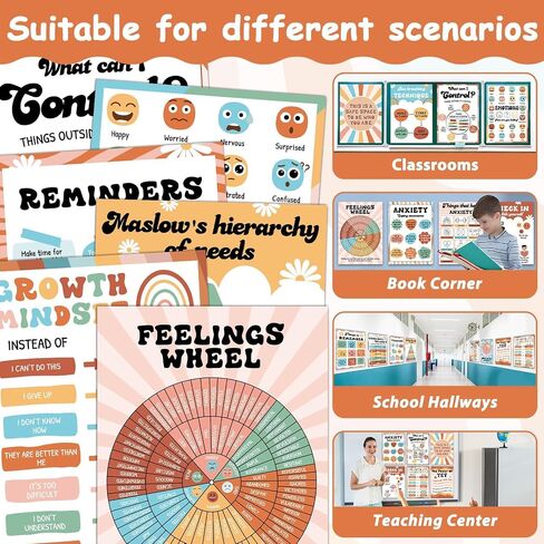16PCS Groovy Mental Health Posters for Classroom Hippie Anxiety Therapy Growth Mindset Inspirational Poster Counseling Therapist Office Must Haves Retro Feeling Wheel Poster Positive Quotes Decor in Saudi Arabia