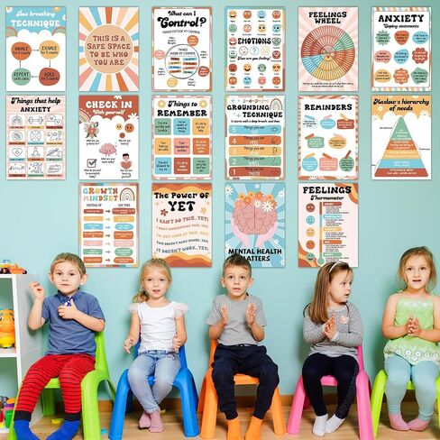 16PCS Groovy Mental Health Posters for Classroom Hippie Anxiety Therapy Growth Mindset Inspirational Poster Counseling Therapist Office Must Haves Retro Feeling Wheel Poster Positive Quotes Decor in Saudi Arabia