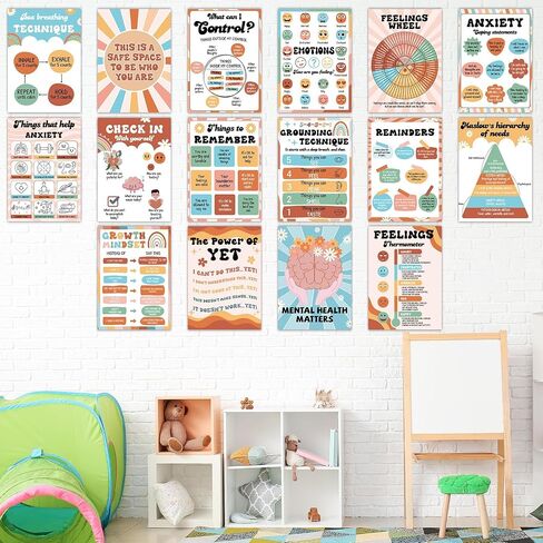 16PCS Groovy Mental Health Posters for Classroom Hippie Anxiety Therapy Growth Mindset Inspirational Poster Counseling Therapist Office Must Haves Retro Feeling Wheel Poster Positive Quotes Decor in Saudi Arabia