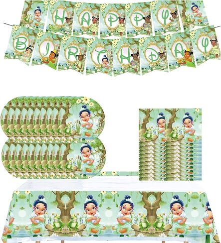 Princess Tiana Birthday Party Decorations, The Frog Tiana Party Tableware with Banner, Tablecloth, Disposable Paper Plates and Napkins for Little Princess Birthday Baby Shower Party Decorations in Saudi Arabia