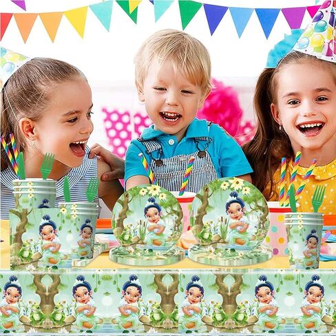 Princess Tiana Birthday Party Decorations, The Frog Tiana Party Tableware with Banner, Tablecloth, Disposable Paper Plates and Napkins for Little Princess Birthday Baby Shower Party Decorations in Saudi Arabia