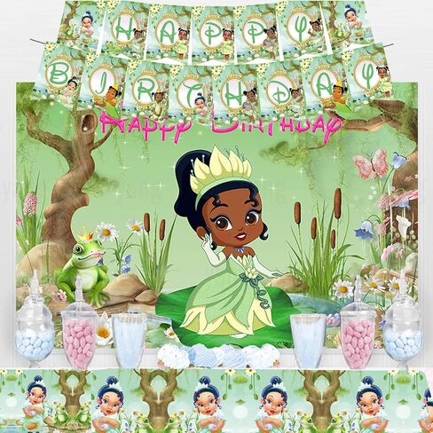 Princess Tiana Birthday Party Decorations, The Frog Tiana Party Tableware with Banner, Tablecloth, Disposable Paper Plates and Napkins for Little Princess Birthday Baby Shower Party Decorations in Saudi Arabia