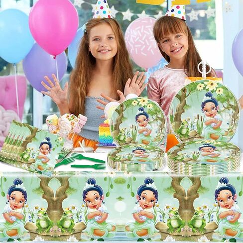 Princess Tiana Birthday Party Decorations, The Frog Tiana Party Tableware with Banner, Tablecloth, Disposable Paper Plates and Napkins for Little Princess Birthday Baby Shower Party Decorations in Saudi Arabia