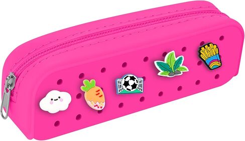 Silicone Small Pencil Pouch – Small Pencil Case with DIY Holes and 10 Decorative Charms, Multipurpose Makeup Bag or Stationery Organizer, Large Capacity(Hot Pink) in Saudi Arabia