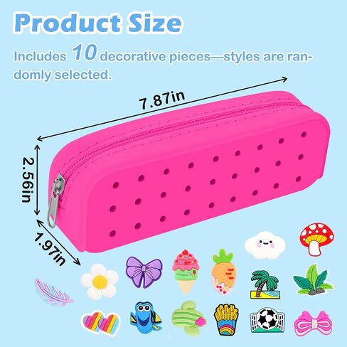 Silicone Small Pencil Pouch – Small Pencil Case with DIY Holes and 10 Decorative Charms, Multipurpose Makeup Bag or Stationery Organizer, Large Capacity(Hot Pink) in Saudi Arabia