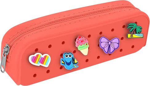 Silicone Small Pencil Pouch – Small Pencil Case with DIY Holes and 10 Decorative Charms, Multipurpose Makeup Bag or Stationery Organizer, Large Capacity(Hot Pink) in Saudi Arabia