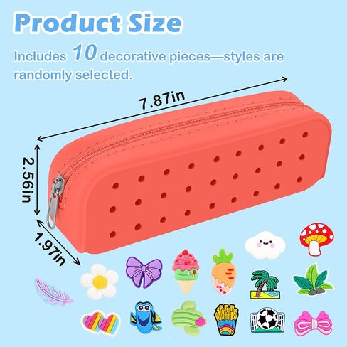 Silicone Small Pencil Pouch – Small Pencil Case with DIY Holes and 10 Decorative Charms, Multipurpose Makeup Bag or Stationery Organizer, Large Capacity(Hot Pink) in Saudi Arabia
