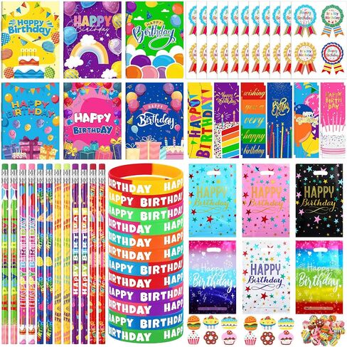 168 Pcs Birthday Classroom Gifts for Students Kids Birthday Return Gifts from Teacher Pencils Notebooks Bracelets Badge Stickers Bookmarks Erasers for Class Reward School Prize Party Favor in Saudi Arabia