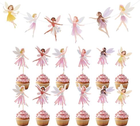 Fairy Birthday Party Decorations for Girls – Fairy Cupcake Toppers with Banner or Backdrop, Fairy Tale Theme Baby Shower & Party Supplies (Cupcake Topper + Banner) in Kuwait