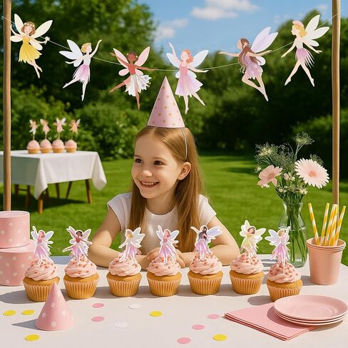 Fairy Birthday Party Decorations for Girls – Fairy Cupcake Toppers with Banner or Backdrop, Fairy Tale Theme Baby Shower & Party Supplies (Cupcake Topper + Banner) in Kuwait
