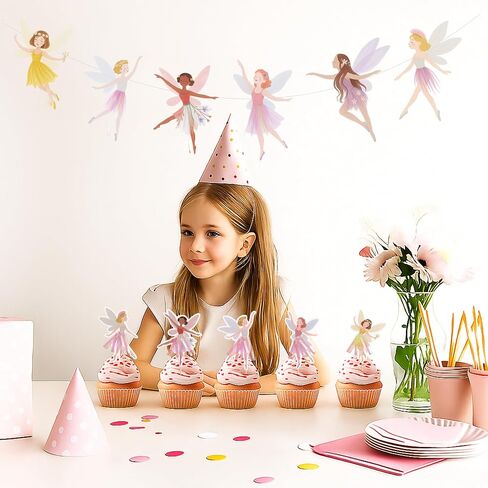 Fairy Birthday Party Decorations for Girls – Fairy Cupcake Toppers with Banner or Backdrop, Fairy Tale Theme Baby Shower & Party Supplies (Cupcake Topper + Banner) in Kuwait