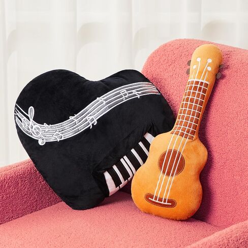 2 PCS Rock Star Plush Plush Set 18.5 "Guitar Studed Plush 17.7" Piano Pillow Struction محشوة لموسيقى الروك أند رول Music Party Favors 80s التاسعيني in Saudi Arabia