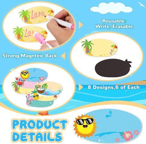48 PCS Summer Magnetic Magnetic Dry Arase Name Tags for Classroom 3.2 '' x 1.6 '' Magnetic Label Name Colorful Name Tag for Bus Back to School Stept Teacher Desk Locker ، 6 Designs in Kuwait