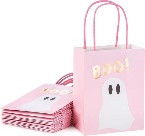 WRAPAHOLIC 12 Pack 7" Small Halloween Kraft Paper Gift Bags - Gold Foil Boo and Pink Ghost Gift Bag for Baby Shower, Holiday, Party Gift Wrap in Saudi Arabia