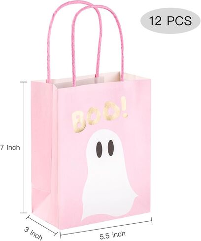 WRAPAHOLIC 12 Pack 7" Small Halloween Kraft Paper Gift Bags - Gold Foil Boo and Pink Ghost Gift Bag for Baby Shower, Holiday, Party Gift Wrap in Saudi Arabia