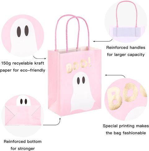 WRAPAHOLIC 12 Pack 7" Small Halloween Kraft Paper Gift Bags - Gold Foil Boo and Pink Ghost Gift Bag for Baby Shower, Holiday, Party Gift Wrap in Saudi Arabia