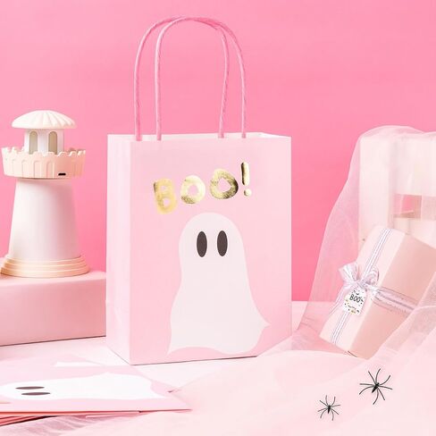 WRAPAHOLIC 12 Pack 7" Small Halloween Kraft Paper Gift Bags - Gold Foil Boo and Pink Ghost Gift Bag for Baby Shower, Holiday, Party Gift Wrap in Saudi Arabia