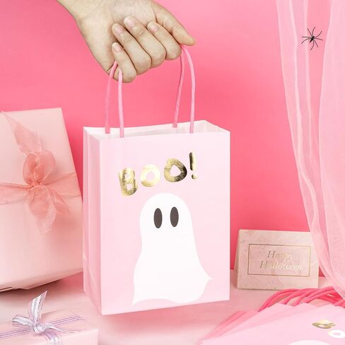 WRAPAHOLIC 12 Pack 7" Small Halloween Kraft Paper Gift Bags - Gold Foil Boo and Pink Ghost Gift Bag for Baby Shower, Holiday, Party Gift Wrap in Saudi Arabia