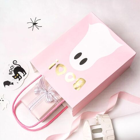 WRAPAHOLIC 12 Pack 7" Small Halloween Kraft Paper Gift Bags - Gold Foil Boo and Pink Ghost Gift Bag for Baby Shower, Holiday, Party Gift Wrap in Saudi Arabia