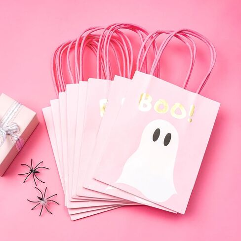 WRAPAHOLIC 12 Pack 7" Small Halloween Kraft Paper Gift Bags - Gold Foil Boo and Pink Ghost Gift Bag for Baby Shower, Holiday, Party Gift Wrap in Saudi Arabia