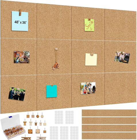 Aodaer 12 Pack Cork Boards 48" x 36" Thick Bulletin Board Tiles with 4 Frameless Cork Strips Pin Board Bar Strips with Push Pins Clips for Office School Home Walls in Saudi Arabia