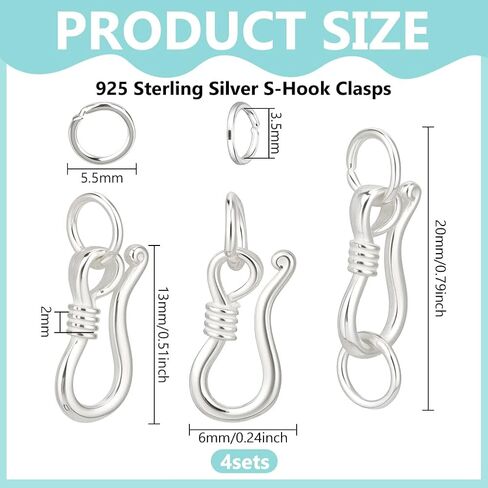 BENECREAT 4Sets 925 Sterling Silver S-Hook Clasps, 0.79inch Necklace Clasps and Closures for DIY Jewelry Making in Saudi Arabia