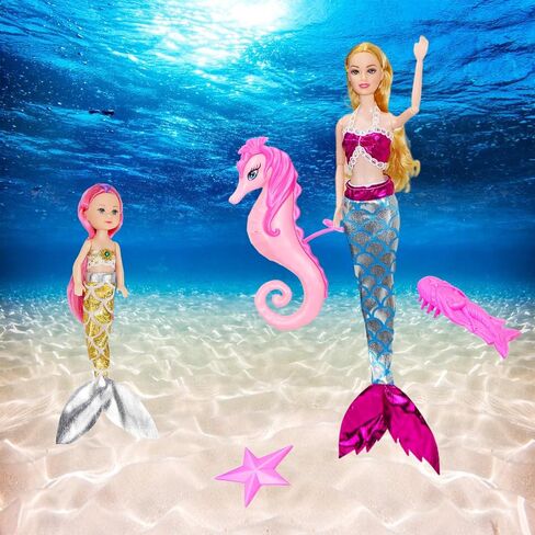 Mermaid Dolls with Little Mermaid & Seahorse| Summer Mermaid Swimming Pool Diving Toys for Water Play | Mermaid Bath Toy Playset for Girls 4-7 | Birthday Party Christmas Wish List in Saudi Arabia
