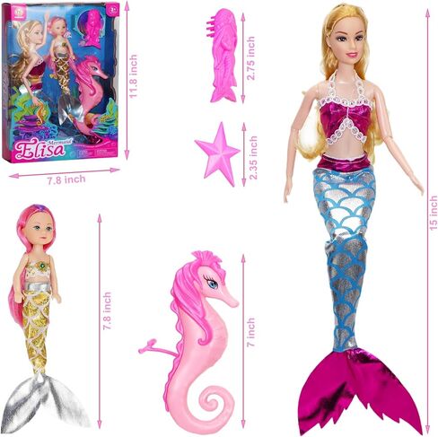 Mermaid Dolls with Little Mermaid & Seahorse| Summer Mermaid Swimming Pool Diving Toys for Water Play | Mermaid Bath Toy Playset for Girls 4-7 | Birthday Party Christmas Wish List in Saudi Arabia