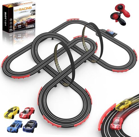 مسار سباق Slot Racing Car مسار 32 قدمًا تعمل بالركض الكهربائي للأولاد والأطفال ، والسباق المزدوج مع 4 سيارات عالية السرعة ووحدات تحكم يدوية ، ولعب الهدايا للأطفال 6،7،8 سنة in Kuwait