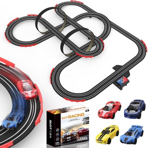 مسار سباق Slot Racing Car مسار 32 قدمًا تعمل بالركض الكهربائي للأولاد والأطفال ، والسباق المزدوج مع 4 سيارات عالية السرعة ووحدات تحكم يدوية ، ولعب الهدايا للأطفال 6،7،8 سنة in Kuwait