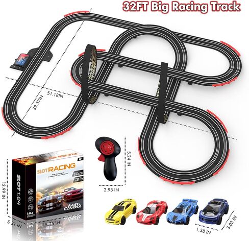 مسار سباق Slot Racing Car مسار 32 قدمًا تعمل بالركض الكهربائي للأولاد والأطفال ، والسباق المزدوج مع 4 سيارات عالية السرعة ووحدات تحكم يدوية ، ولعب الهدايا للأطفال 6،7،8 سنة in Kuwait