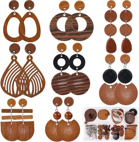 SUNNYCLUE 8 Pairs Wooden Earrings for Women Boho Dangle Earrings for Women Trendy 2025 Trendy Geometry Vintage Brown Half Flat Round Teardrop Wood Jewelry Set Christmas Adults Wedding Festival Gifts in Saudi Arabia