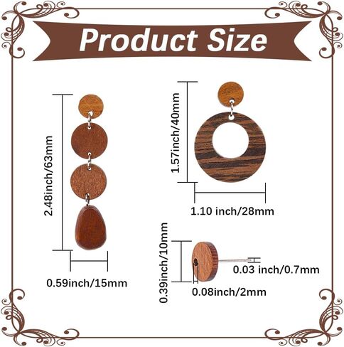 SUNNYCLUE 8 Pairs Wooden Earrings for Women Boho Dangle Earrings for Women Trendy 2025 Trendy Geometry Vintage Brown Half Flat Round Teardrop Wood Jewelry Set Christmas Adults Wedding Festival Gifts in Saudi Arabia