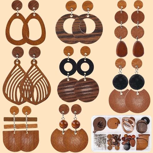SUNNYCLUE 8 Pairs Wooden Earrings for Women Boho Dangle Earrings for Women Trendy 2025 Trendy Geometry Vintage Brown Half Flat Round Teardrop Wood Jewelry Set Christmas Adults Wedding Festival Gifts in Saudi Arabia