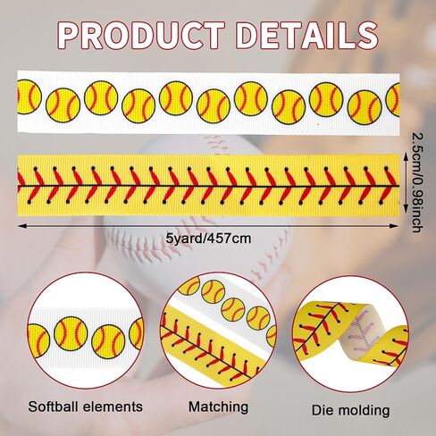 2 Rolls 5 Yards Softball Ribbon, 0.98in Width Baseball Ribbons Sports Grosgrain Bands DIY Crafts Decoration for Sport Party Team Events Gift Wrapping Hair Bows in Saudi Arabia