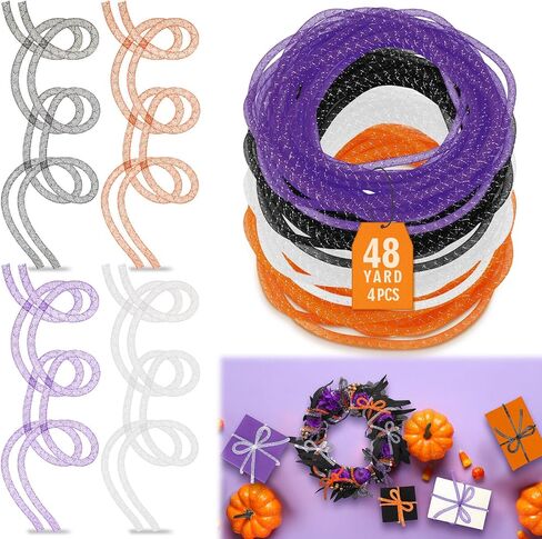 Set of 4 Halloween Mesh Tubing for Crafts 8 mm x 48 Yards Purple Orange Black and White Solid Mesh Tube Deco Flex for Making Wreaths, Decor, Gift Wrapping in Saudi Arabia