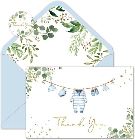 Whaline Baby Shower Thank You Cards 24 Pack Blue Baby Note Cards with Envelope Sticker Foil Gold Greeting Card for Birthday Gender Reveal in Saudi Arabia