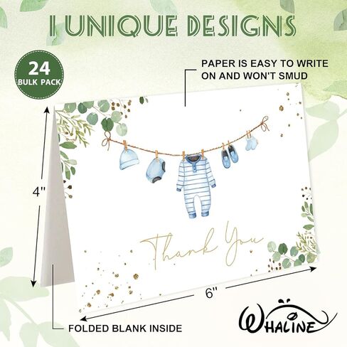 Whaline Baby Shower Thank You Cards 24 Pack Blue Baby Note Cards with Envelope Sticker Foil Gold Greeting Card for Birthday Gender Reveal in Saudi Arabia