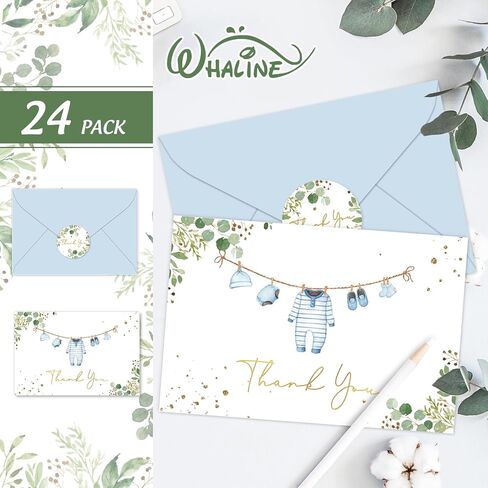 Whaline Baby Shower Thank You Cards 24 Pack Blue Baby Note Cards with Envelope Sticker Foil Gold Greeting Card for Birthday Gender Reveal in Saudi Arabia