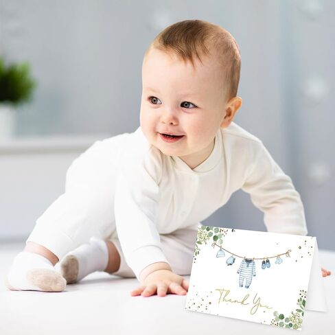 Whaline Baby Shower Thank You Cards 24 Pack Blue Baby Note Cards with Envelope Sticker Foil Gold Greeting Card for Birthday Gender Reveal in Saudi Arabia