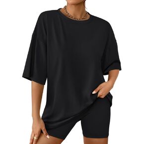 AUTOMET Womens 2 Piece Sets Lounge Matching Two Piece Summer Outfits Fashion 2024 Oversized Shirts Biker Shorts Tracksuit