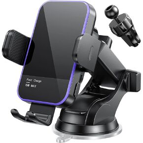 Wireless Car Charger,【7 Colored RGB Backlit】 15W Auto Clamping Car Charger Phone Mount Holder for iPhone 15 14 13 12 Mini Pro Max 11 XR X, Samsung Galaxy S23 Ultra S22 S21+ S10+ Note 20, etc - Silver