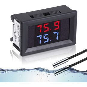 Icstation Digital Thermometer, Car Auto Temperature Gauge Sensor, DC 4-28V Fahrenheit Dual Display, Monitor with 2 NTC Waterproof Probes for Aquarium Vehicle Fish Tank