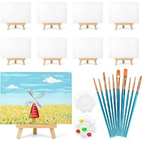 8 Pack 8x10 in Canvas Boards for Painting,Canvas for Painting with 9.5" Easel, Art Canvas Painting Kit with 10 Brushes & 2 Paint Tray for Kids Teenagers Acrylic Pouring Oil Water Color Gift…