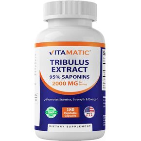 Vitamatic Tribulus Terrestris for Men - 2000 mg per Serving - 95% Saponins - 180 Vegetable Capsules - Made in The USA - Gluten Free & Non-GMO
