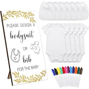 43 Pcs Baby Bibs Bodysuit Games Set Wooden Baby Shower Game Sign 15 Blank White Bibs 15 Newborn Bodysuit 12 Marker