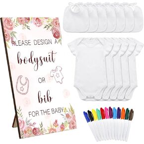 43 Pcs Baby Bibs Bodysuit Games Set Wooden Baby Shower Game Sign 15 Blank White Bibs 15 Newborn Bodysuit 12 Marker