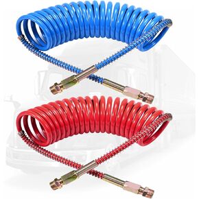 Air Brake Line Hose Coil Assembly, 15FT Truck Air Brake Coil Hoses Set for Semi Trucks Tractors Trailers, 1/2" NPT DOT Fittings(15' Length x 40" Tractor Lead)