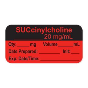 LAN-2-20D20 Anesthesia Label with Exp. Date, Time, and Initial, Paper, Permanent, "SUCcinylcholine 20 mg/mL", 1" Core, 1-1/2" x 3/4", 500 per Roll, Fl. Red (Pack of 500)
